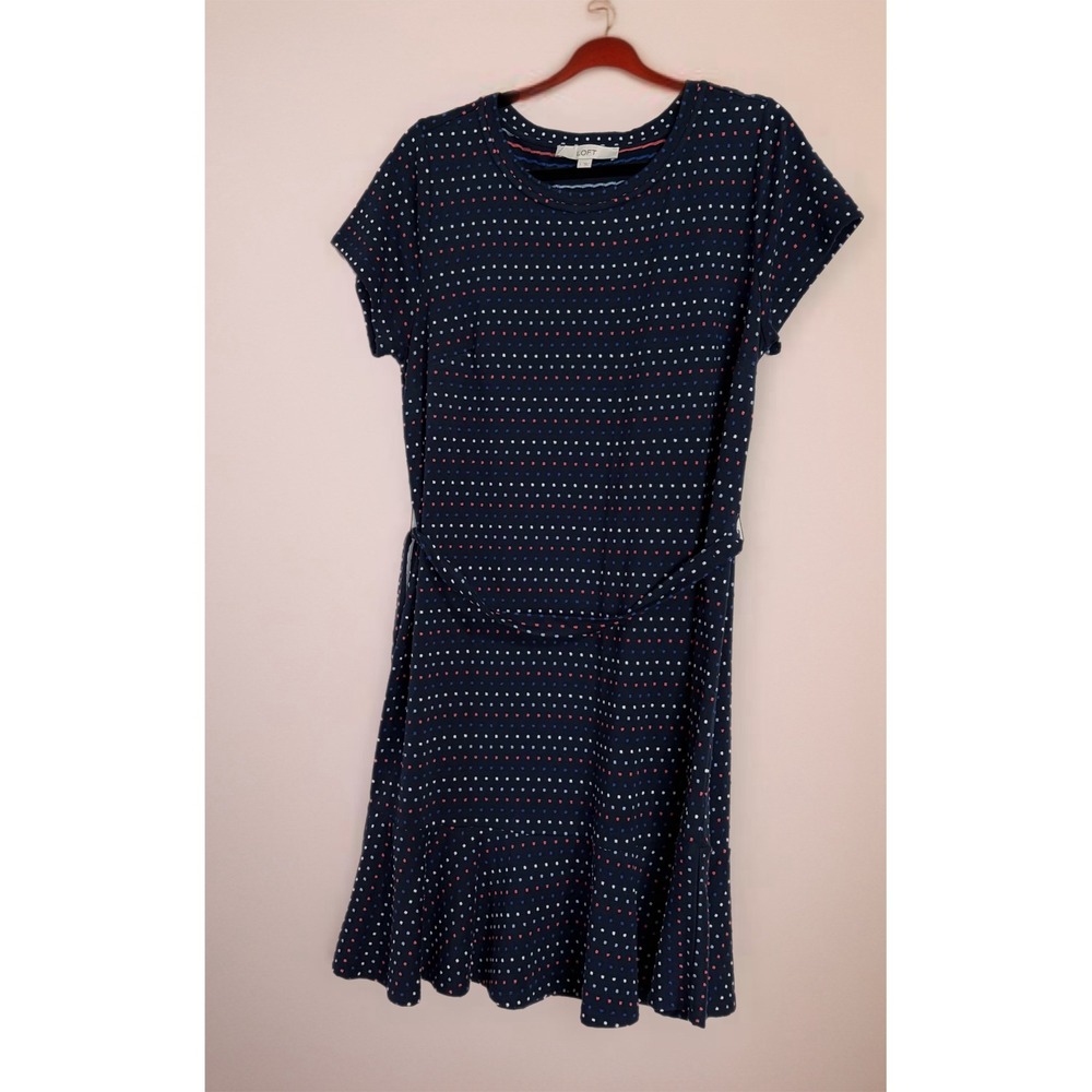 Loft‎ T-Shirt Dress Women Large Navy Red White Polka Dot Flounce Hem Belted